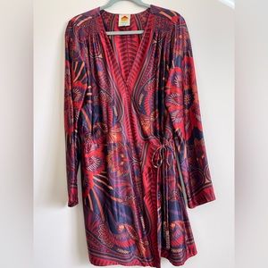 Farm Rio Macaw Arabesque Mini Wrap Robe Dress Red Satin Size Large
